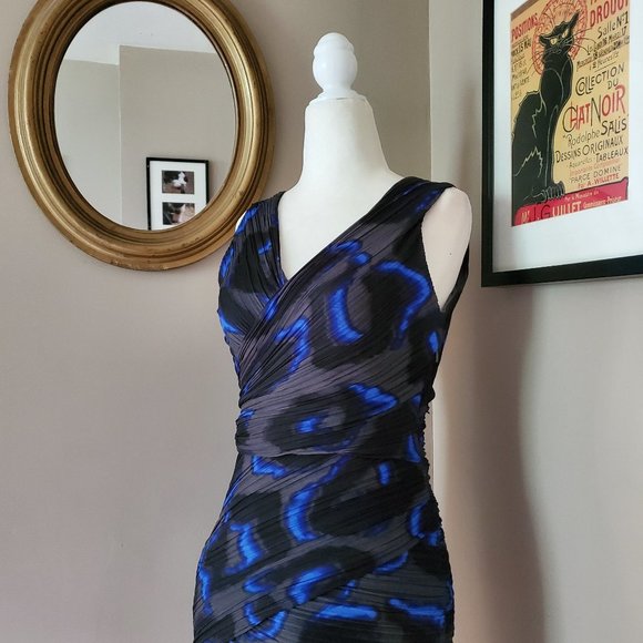 Halston Heritage Blue Gray Pleated Dress Size 4 - Picture 7 of 16